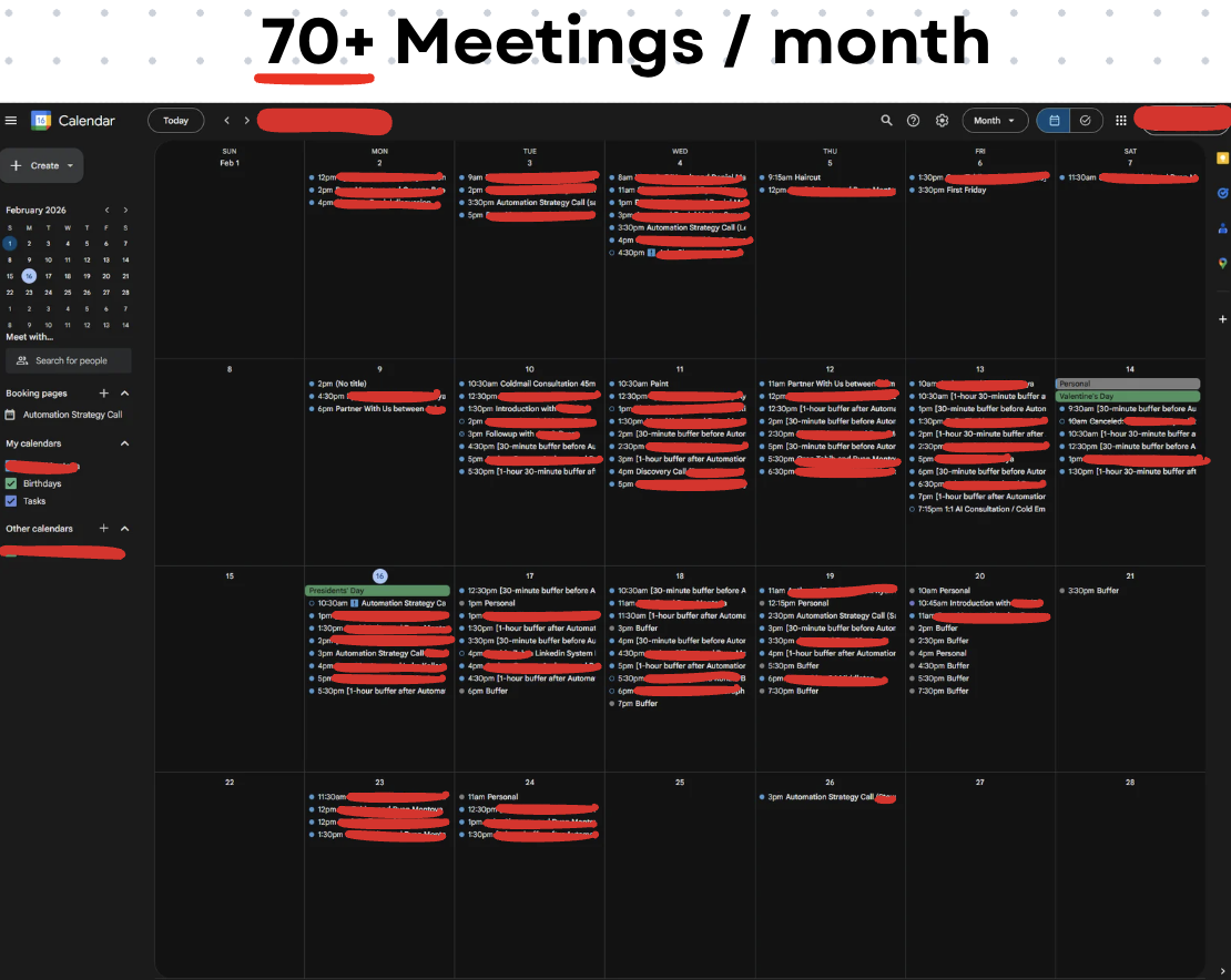 February 2026. 70+ meetings on one calendar, nearly all inbound from content